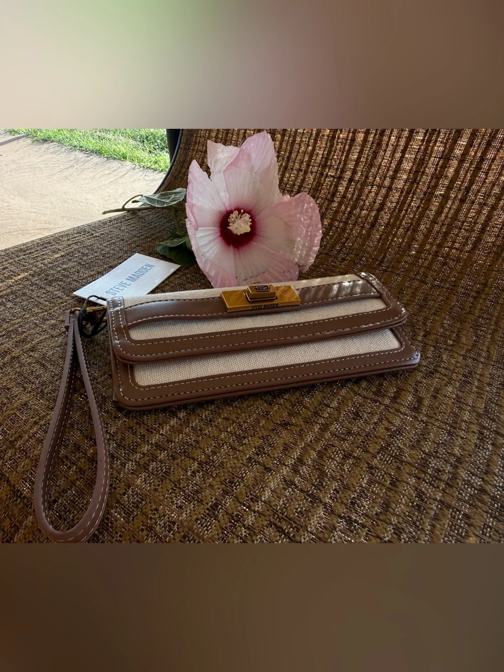 Steve Madden Beige and Taupe Canvas Wristlet with Unique Gold Accent Hardwares